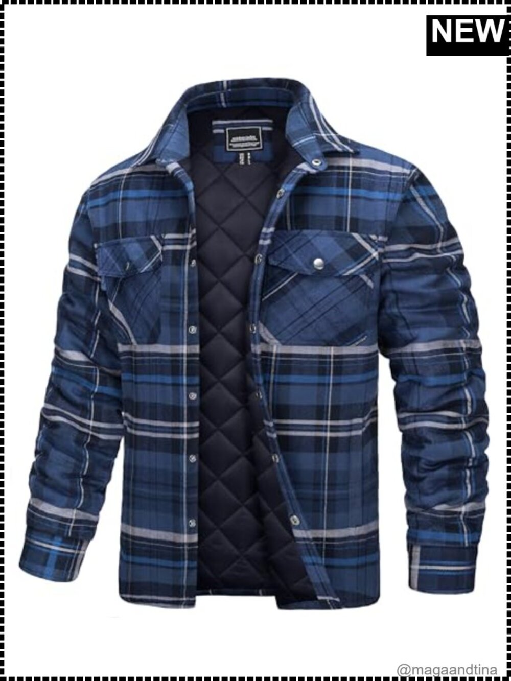 Men's Quilted Lined Flannel Shirt Jacket Insulated Plaid Button Down Winter Coat
